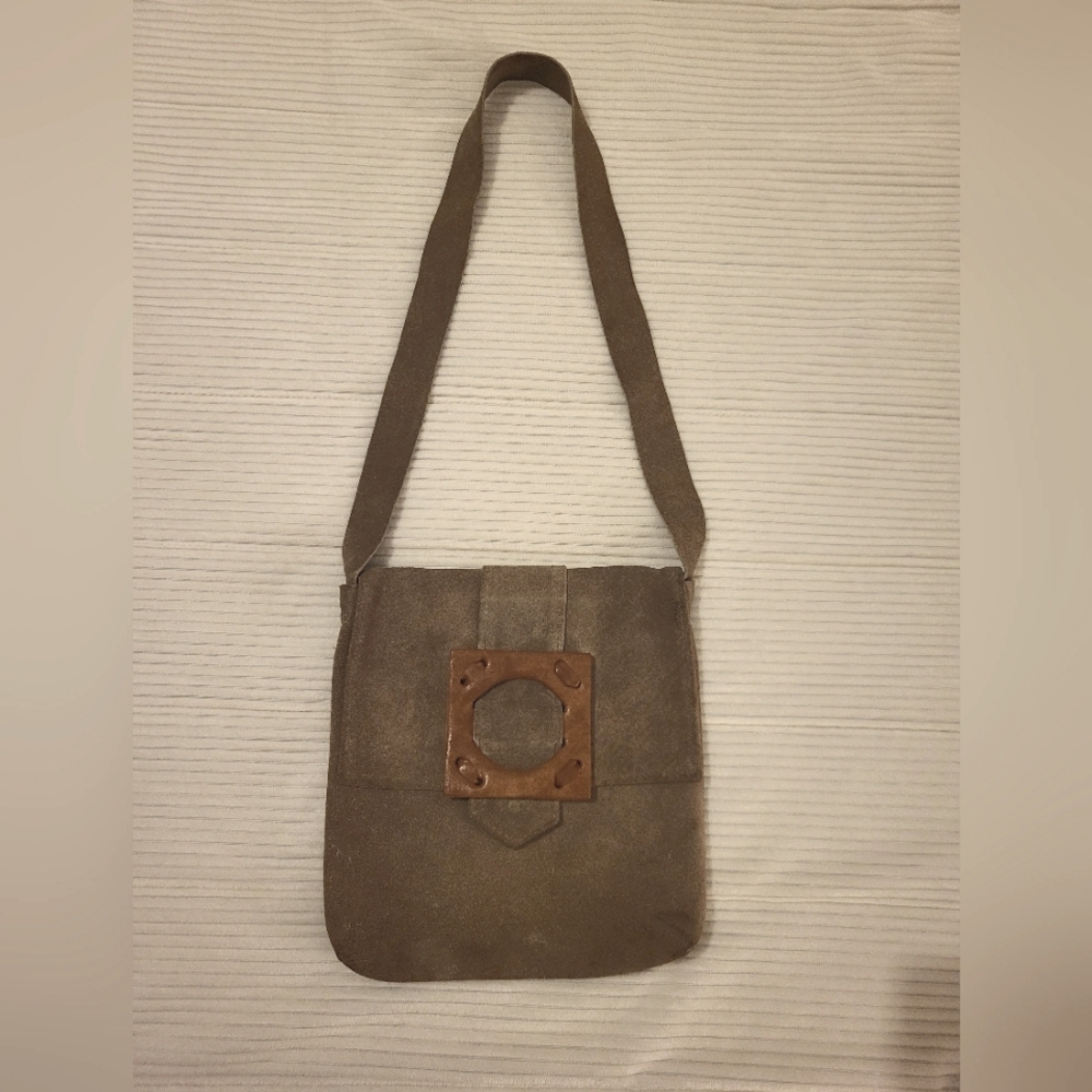 Vintage Takahashi Light tan/ cream/green color Suede Leather Purse